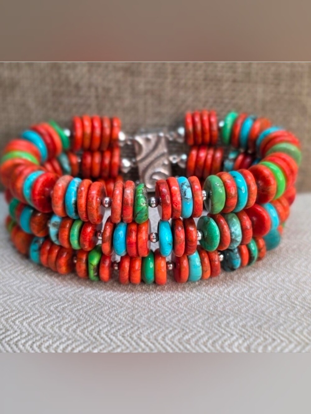 Jay King Coral and Turquoise Multistrand Disk Bead Bracelet